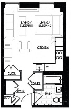 Floor plan for studio, 1 bath, 495 sqft